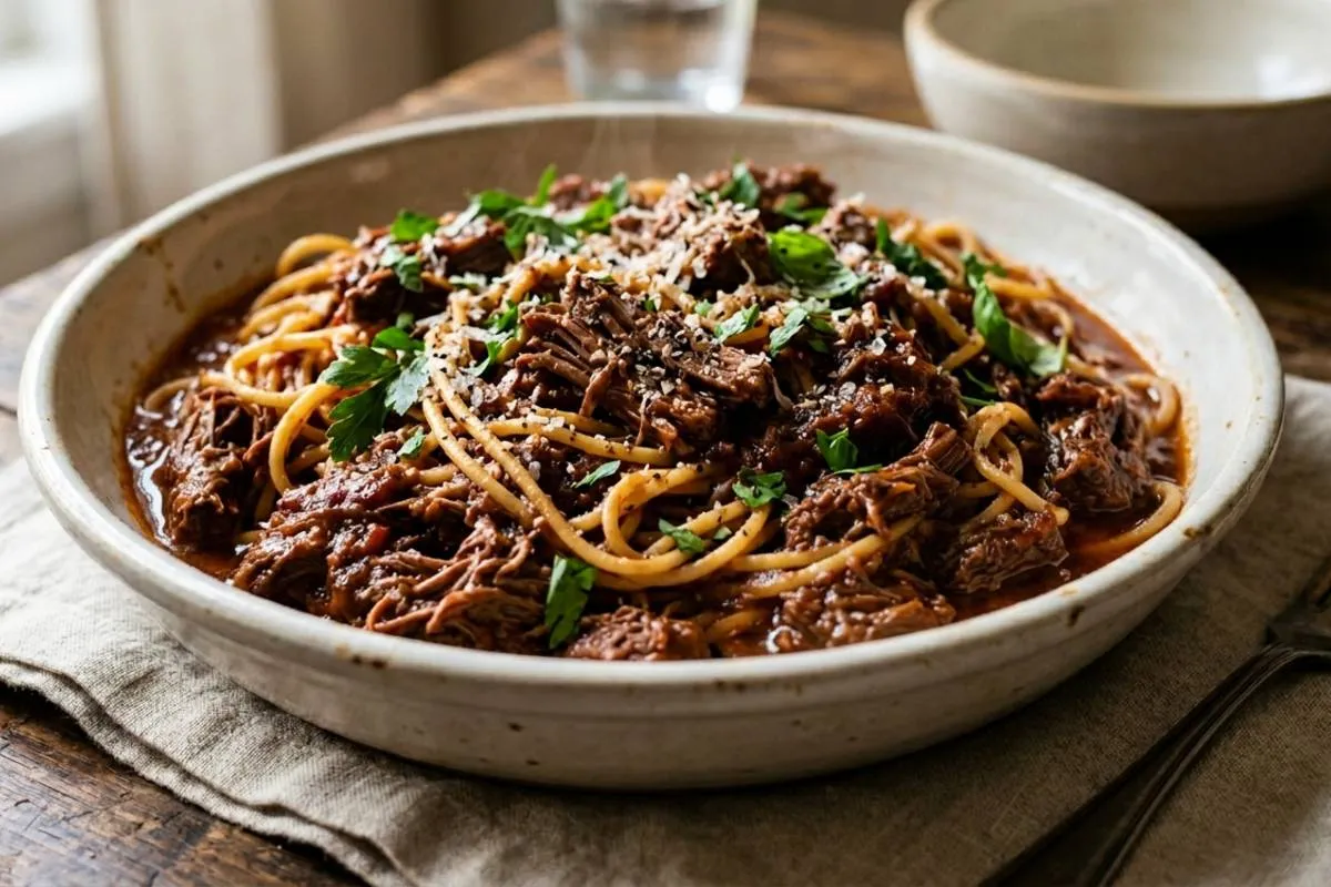 Uma travessa rústica de cerâmica clara cheia de macarrão espaguete envolto em um molho de tomate denso, escuro e abundante. No topo da massa, há pedaços generosos de carne de panela desfiada e macia, salpicados com queijo ralado e folhas frescas de salsinha. A travessa está sobre uma mesa de madeira rústica com um garfo ao lado.