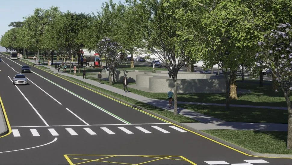 Ilustração mostra como ficará a Avenida Presidente Arthur da Silva Bernardes após as obras de requalificação para receber o Novo Inter 2, com melhorias para o transporte coletivo, ciclomobilidade, acessibilidade e áreas de convivência.