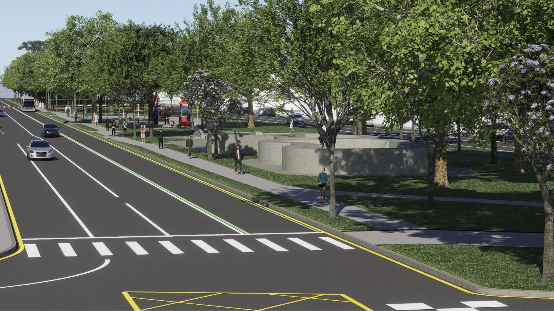 Ilustração mostra como ficará a Avenida Presidente Arthur da Silva Bernardes após as obras de requalificação para receber o Novo Inter 2, com melhorias para o transporte coletivo, ciclomobilidade, acessibilidade e áreas de convivência.