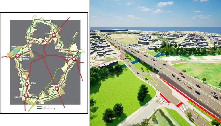 Traçado do Novo Inter 2 e ilustração do novo viaduto Curitiba–Pinhais, obra que integra a reestruturação dos corredores de transporte coletivo e a modernização da mobilidade urbana em Curitiba.