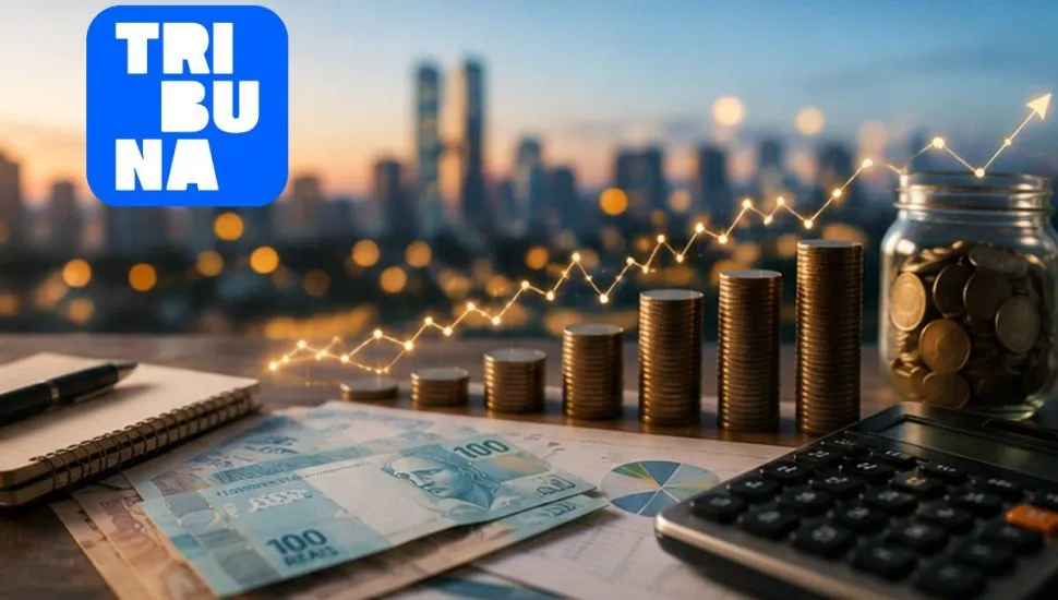 Ilustração sobre economia e finanças com a logo da Tribuna do Paraná no canto superior esquerdo. A imagem mostra moedas empilhadas, uma calculadora, cédulas de real, gráficos financeiros, indicadores de crescimento e um caderno com relatórios. Ao fundo, aparece um prédio institucional desfocado com a bandeira do Brasil, simbolizando decisões econômicas, mercado financeiro, impostos, programas governamentais e economia popular. Design clean, moderno e voltado para conteúdos de notícias econômicas.