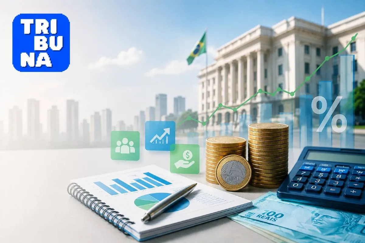 Ilustração sobre economia e finanças com a logo da Tribuna do Paraná no canto superior esquerdo. A imagem mostra moedas empilhadas, uma calculadora, cédulas de real, gráficos financeiros, indicadores de crescimento e um caderno com relatórios. Ao fundo, aparece um prédio institucional desfocado com a bandeira do Brasil, simbolizando decisões econômicas, mercado financeiro, impostos, programas governamentais e economia popular. Design clean, moderno e voltado para conteúdos de notícias econômicas.