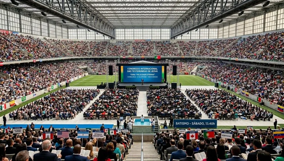 Imagem mostra um estádio lotado, com palco no centro e cadeiras espalhadas pelo gramado com participantes do congresso
