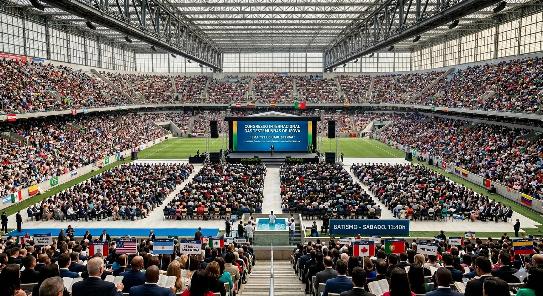 Imagem mostra um estádio lotado, com palco no centro e cadeiras espalhadas pelo gramado com participantes do congresso
