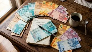 0, R$20 e R$2 espalhadas. Ao lado, um copo de café americano e um caderno de anotações com uma caneta, sugerindo o acerto de contas de um pequeno negócio. A luz lateral é quente.