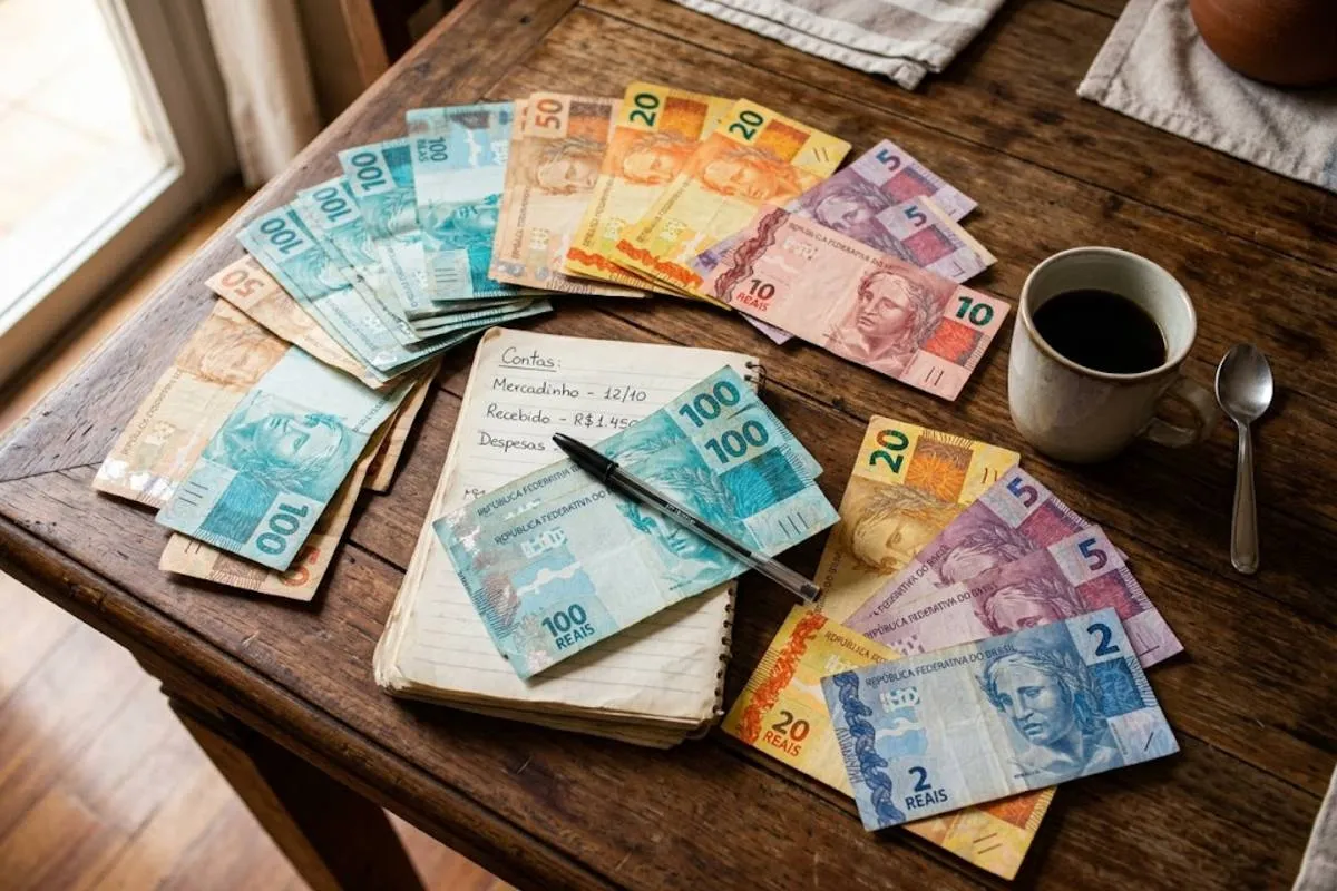 0, R$20 e R$2 espalhadas. Ao lado, um copo de café americano e um caderno de anotações com uma caneta, sugerindo o acerto de contas de um pequeno negócio. A luz lateral é quente.
