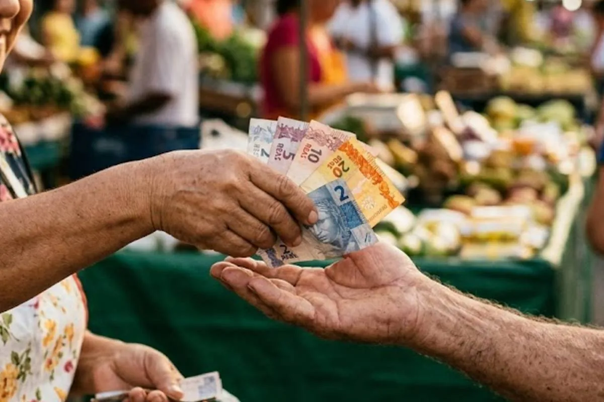 Uma imagem de close-up foca nas mãos centralizadas de uma feirante de meia-idade e de um cliente idoso em uma feira de rua brasileira ao ar livre e movimentada. A feirante, com um avental floral, está colocando várias notas de Real brasileiro usadas de várias denominações (visíveis, mas ligeiramente desfocadas) diretamente na palma aberta e envelhecida do cliente. Suas mãos estão entrelaçadas, centralizadas na composição. A feirante olha para a transação com um sorriso gentil, enquanto o cliente idoso olha com uma expressão de satisfação. O fundo é um borrão quente e vibrante de atividades do mercado, barracas desfocadas com frutas e vegetais, outras pessoas e a luz do sol da tarde. A fotografia documental e autêntica tem grãos visíveis e profundidade de campo muito rasa, focando apenas no dinheiro e no ponto de contato das mãos. A iluminação é natural e quente.