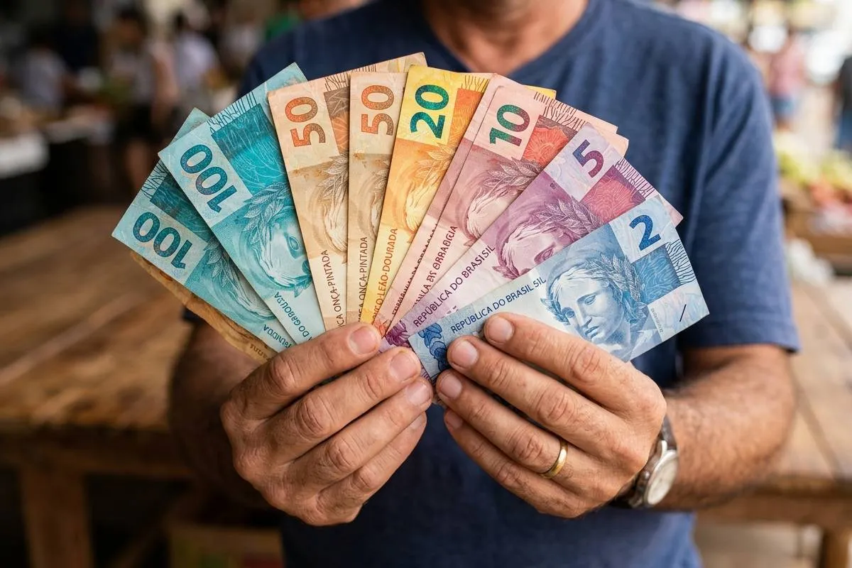 Esta foto foca na textura e na diversidade de cores das notas. Uma mão (bem cuidada, com unhas curtas) segura um leque perfeito e denso de notas. Estão visíveis todas as denominações principais (R$2, R$5, R$10, R$20, R$50, R$100 e R$200). O fundo é um mercado de rua brasileiro desfocado (bokeh), trazendo um contexto real de uso do dinheiro. A luz é natural e suave.