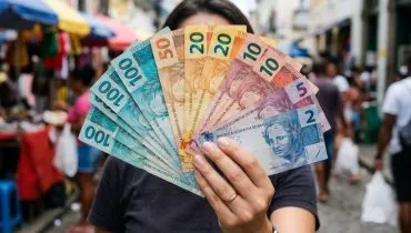 Esta foto foca na textura e na diversidade de cores das notas. Uma mão (bem cuidada, com unhas curtas) segura um leque perfeito e denso de notas. Estão visíveis todas as denominações principais (R$2, R$5, R$10, R$20, R$50, R$100 e R$200). O fundo é um mercado de rua brasileiro desfocado (bokeh), trazendo um contexto real de uso do dinheiro. A luz é natural e suave.