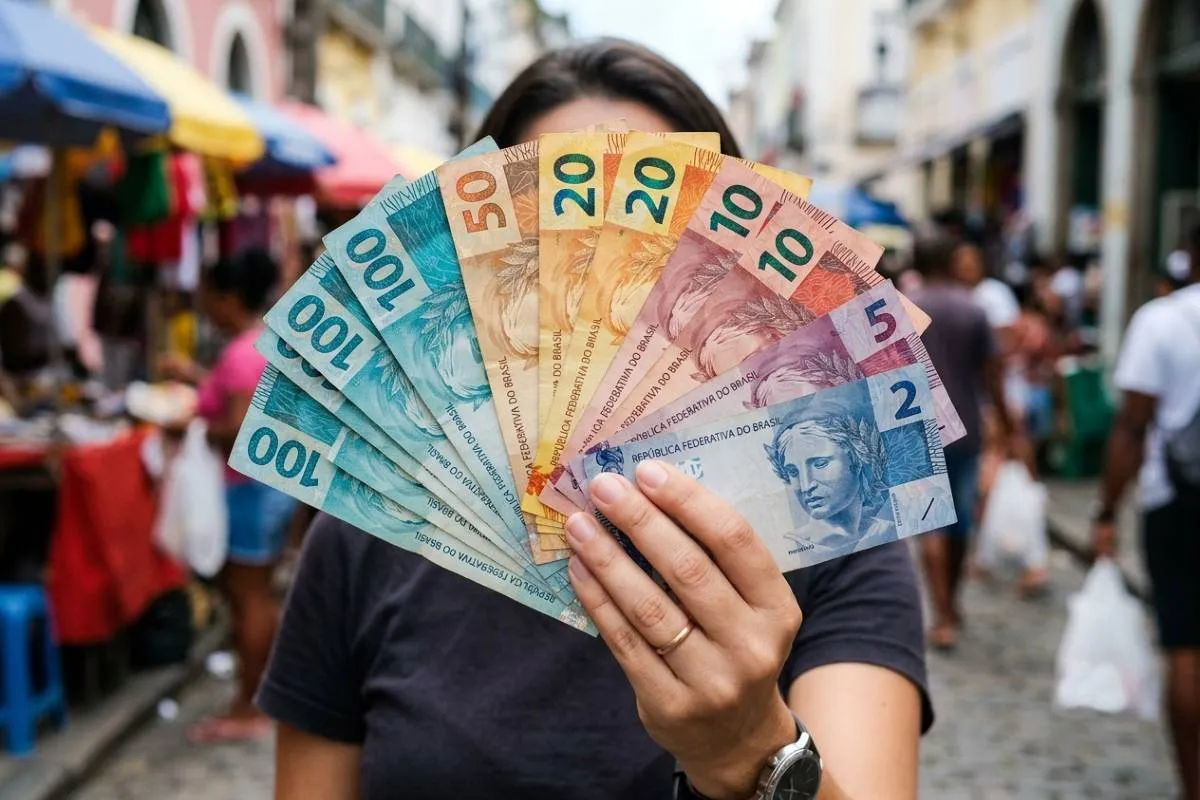 Esta foto foca na textura e na diversidade de cores das notas. Uma mão (bem cuidada, com unhas curtas) segura um leque perfeito e denso de notas. Estão visíveis todas as denominações principais (R$2, R$5, R$10, R$20, R$50, R$100 e R$200). O fundo é um mercado de rua brasileiro desfocado (bokeh), trazendo um contexto real de uso do dinheiro. A luz é natural e suave.