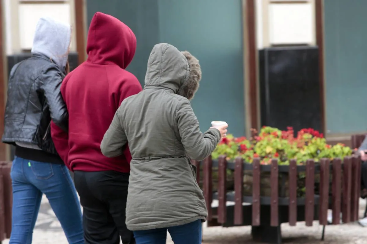 Três pessoas são vistas de costas caminhando em um ambiente urbano. À esquerda, uma pessoa usa capuz cinza e jaqueta de couro preta; no centro, uma pessoa veste um moletom vermelho com capuz; à direita, a terceira pessoa usa uma jaqueta verde-oliva com capuz de detalhe em pele sintética e segura um copo de bebida quente na mão esquerda. Ao fundo, há uma floreira de madeira com flores vermelhas e a fachada texturizada de um edifício. A atmosfera sugere um clima frio e nublado.
