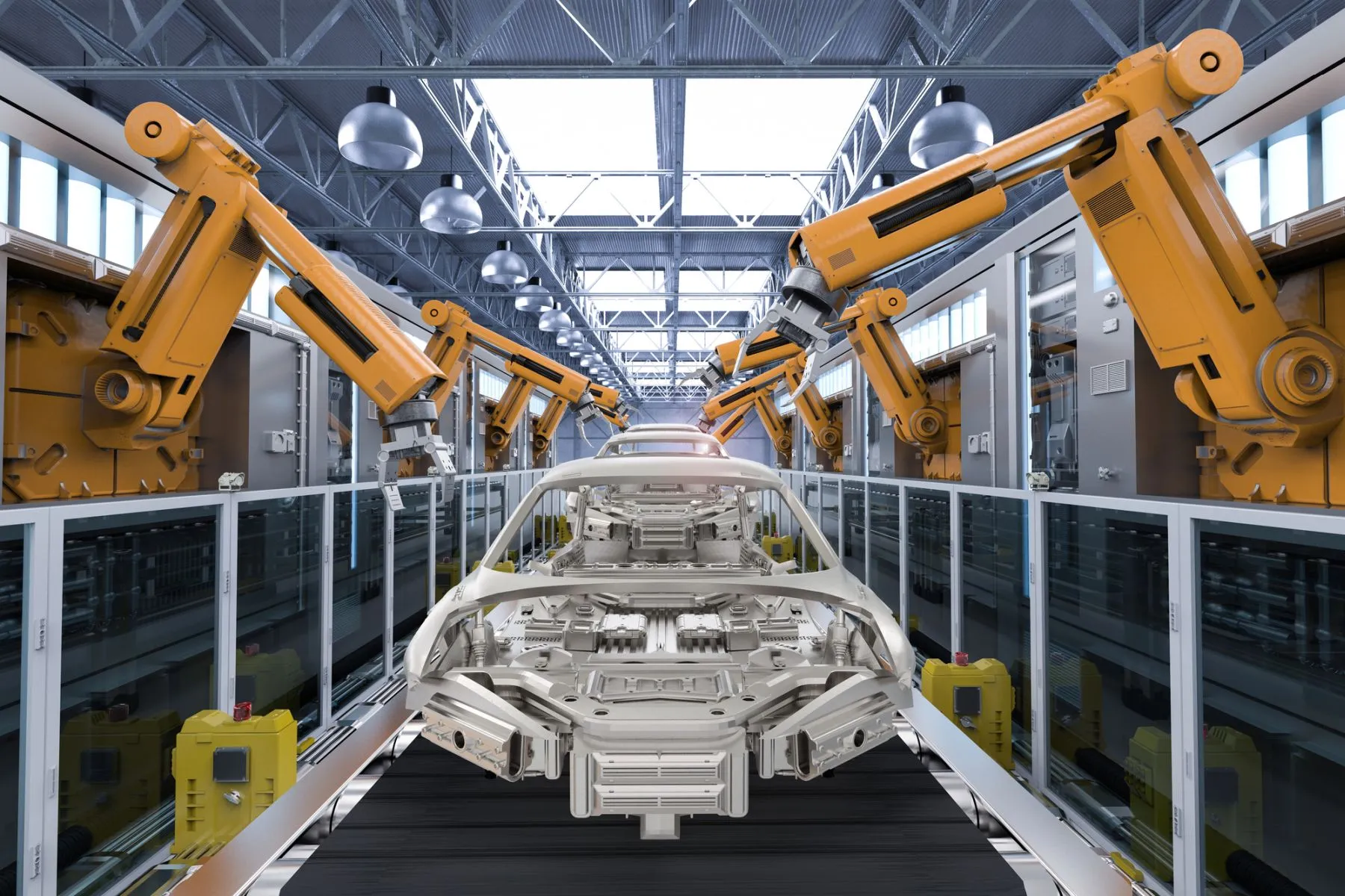 Braços robóticos manipulam chassis de automóveis em linhas de producao