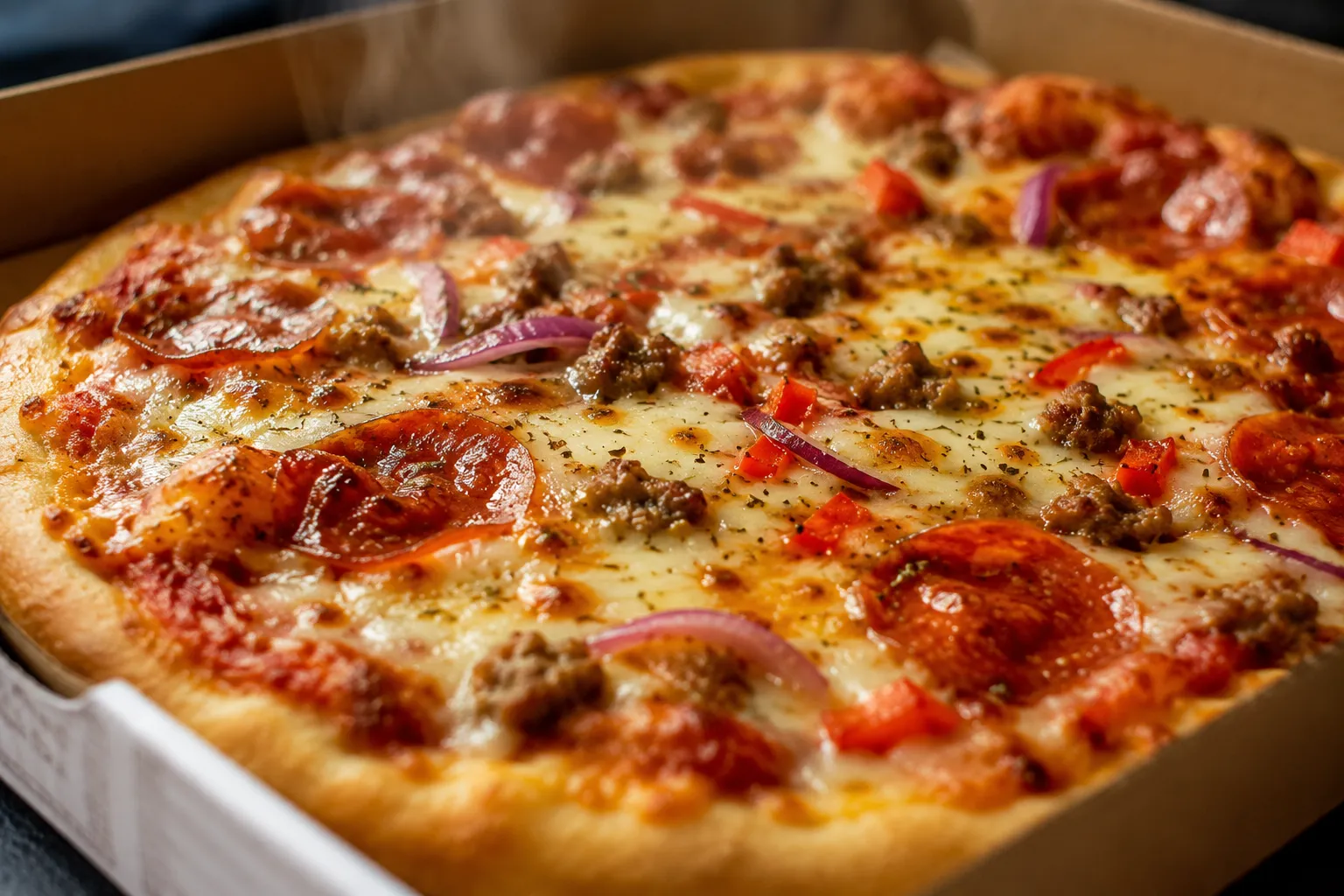 Pizza de queijo e tomate saindo fumaça de quentinha, dentro da caixa