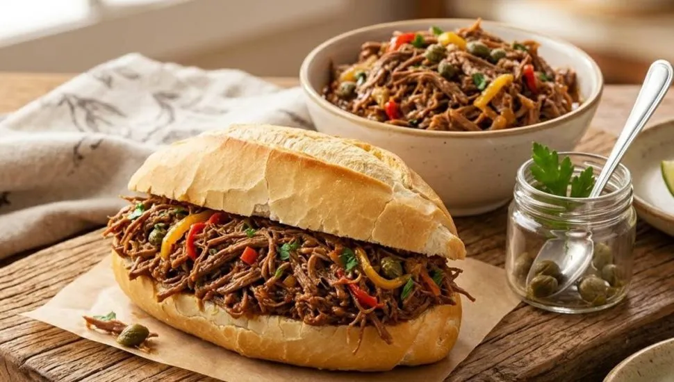 Imagem mostra um pão frances recheado com carne desfiada e temperos.