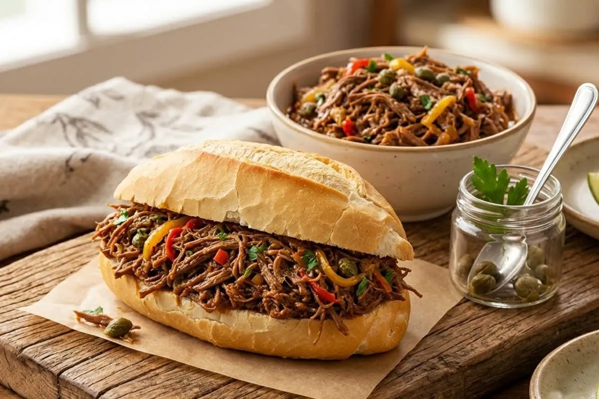 Imagem mostra um pão frances recheado com carne desfiada e temperos.