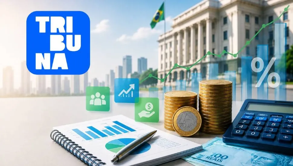 Ilustração sobre economia e finanças com a logo da Tribuna do Paraná no canto superior esquerdo. A imagem mostra moedas empilhadas, uma calculadora, cédulas de real, gráficos financeiros, indicadores de crescimento e um caderno com relatórios. Ao fundo, aparece um prédio institucional desfocado com a bandeira do Brasil, simbolizando decisões econômicas, mercado financeiro, impostos, programas governamentais e economia popular. Design clean, moderno e voltado para conteúdos de notícias econômicas.