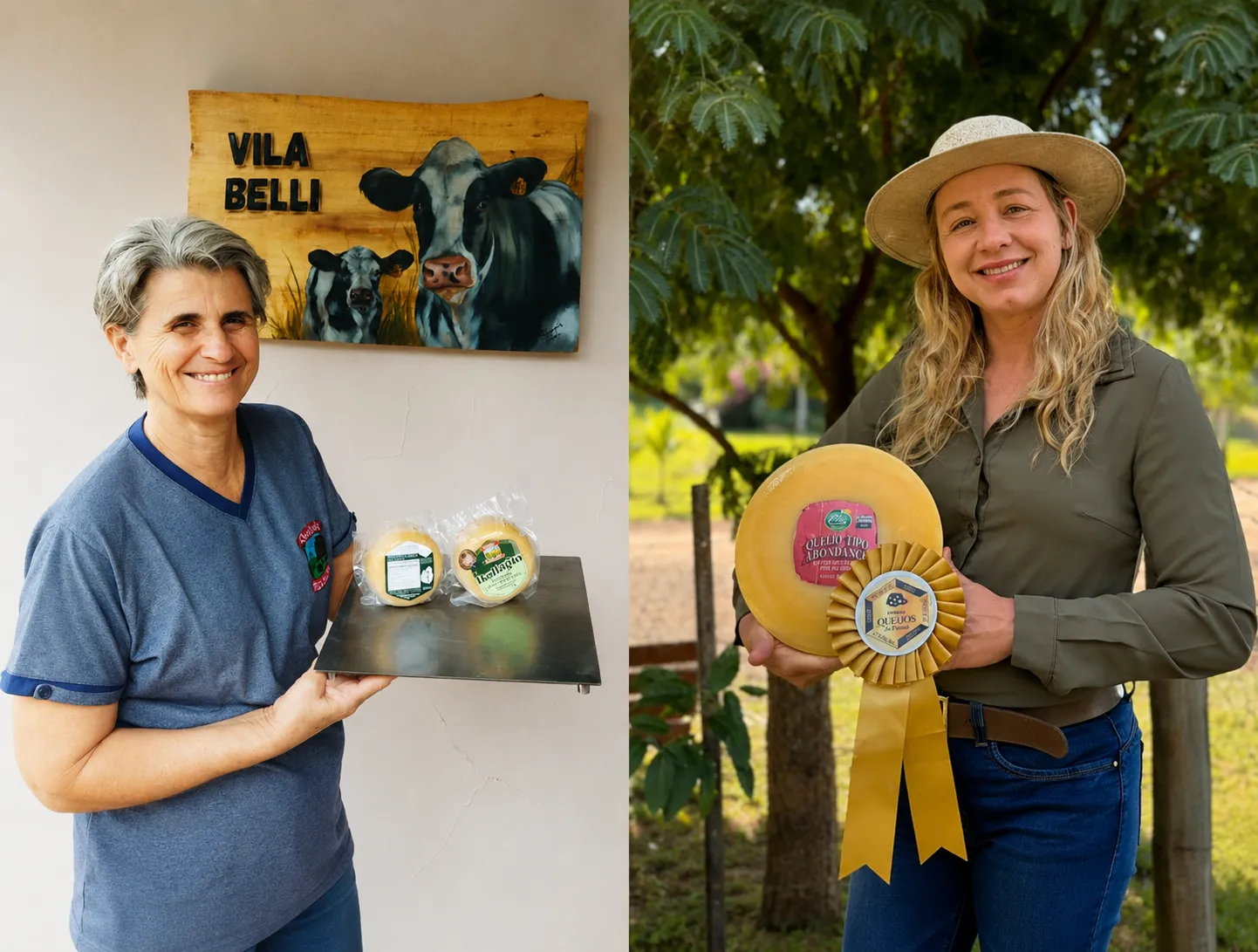 Da esquerda para a direita: Gelir Maria Giombelli apresenta o Bellagio, queijo medalhista de Bronze produzido em Toledo, e Elis Colombi exibe o Tipo Abondance, de Diamante d'Oeste, premiado com medalha de Ouro no 2º Prêmio Queijos do Paraná. Foto: Divulgação/Sistema Faep