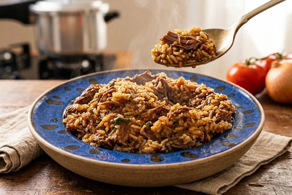 Fotografia em plano detalhe de um arroz de fraldinha caldoso e suculento, com a carne bem desfiada e integrada ao grão, servido em um prato de cerâmica rústica com bordas azuis decoradas. Uma colher de metal suspensa retira uma porção generosa do arroz, revelando o vapor quente que sobe do prato. Ao fundo, uma panela de pressão de alumínio polido está posicionada de forma proporcional sobre o fogão, acompanhada por tomates e uma cebola inteira sobre uma mesa de madeira rústica.