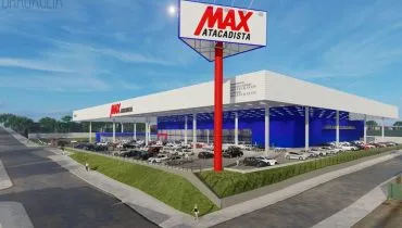 Imagem mostra projeção de como será o novo supermercado. Um prédio grande, com placa alta com o nome do local, e vários carros estacionados na frente do prédio