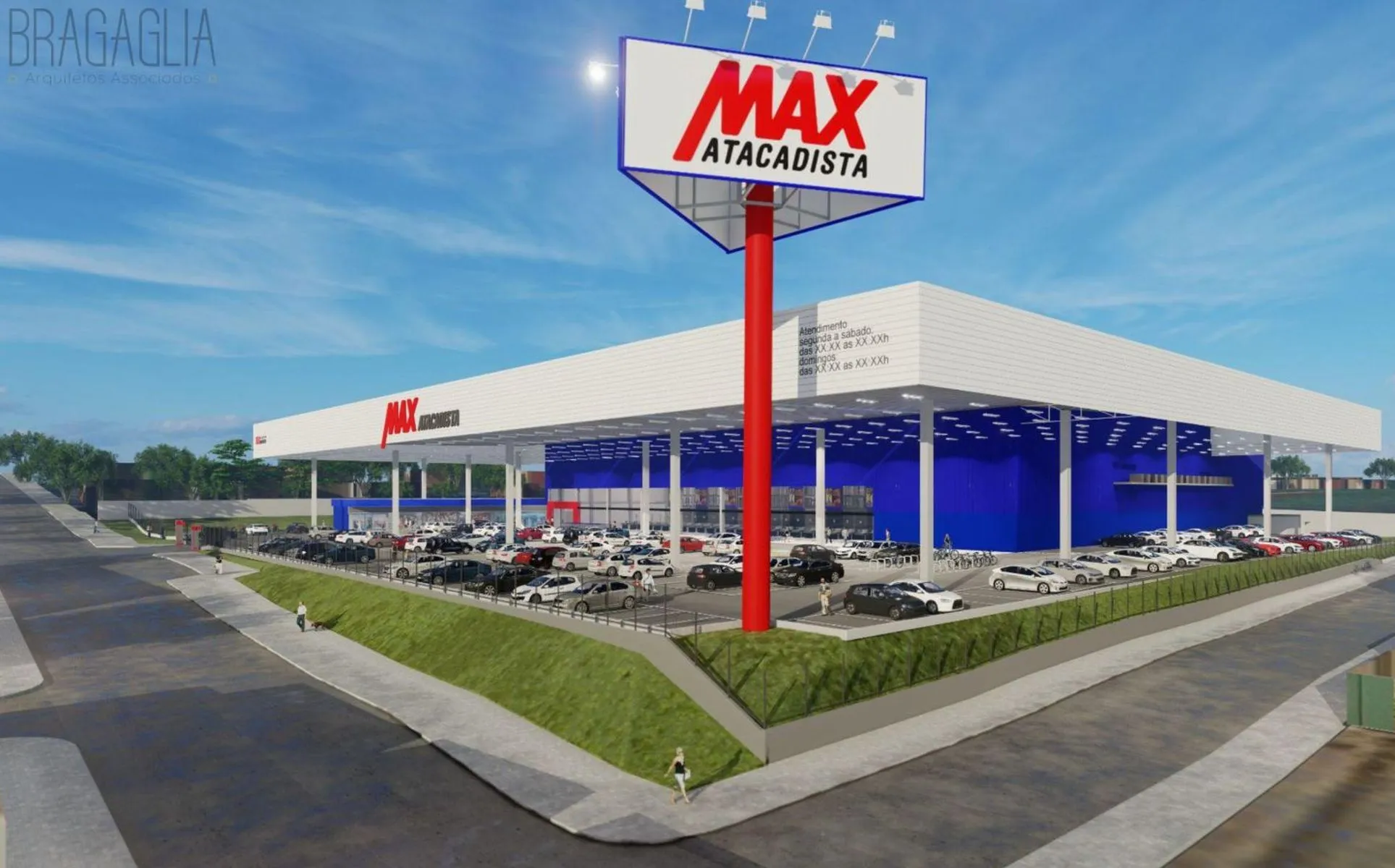 Imagem mostra projeção de como será o novo supermercado. Um prédio grande, com placa alta com o nome do local, e vários carros estacionados na frente do prédio