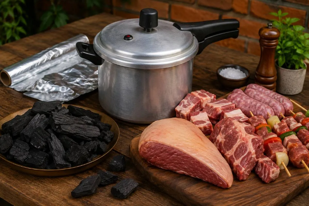 Imagem mostra uma panela de pressão ao lado de cortes de carnes, carvão e papel alumínio.
