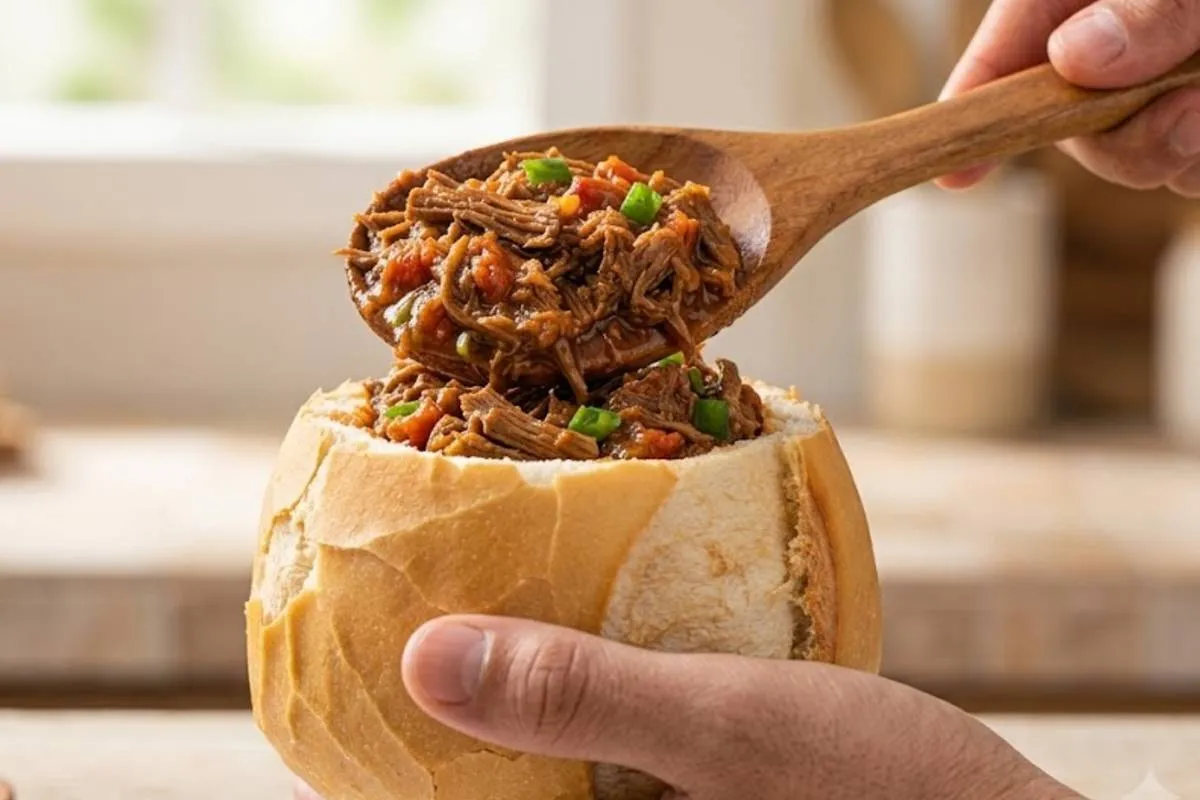 Imagem mostra um sanduiche chamado Buraco Quente, com carne desfiada no pão francês.