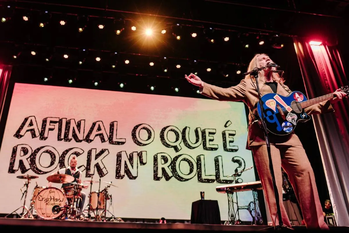 Imagem mostra Humberto Gessinger no palco com a frase ao fundo: Afinal, o que é Rock n´ Roll?