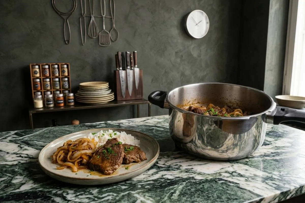 Texto alternativo: Bifes acebolados suculentos servidos com arroz branco em um prato de cerâmica ao lado de uma panela de pressão de inox destampada, revelando mais carne cozida em seu interior. O conjunto está disposto sobre uma bancada de mármore verde escuro e texturizado. Ao fundo, uma parede cinza com efeito de cimento queimado exibe utensílios domésticos modernos, como um bloco de facas e um organizador de temperos em uma cozinha contemporânea e sofisticada.