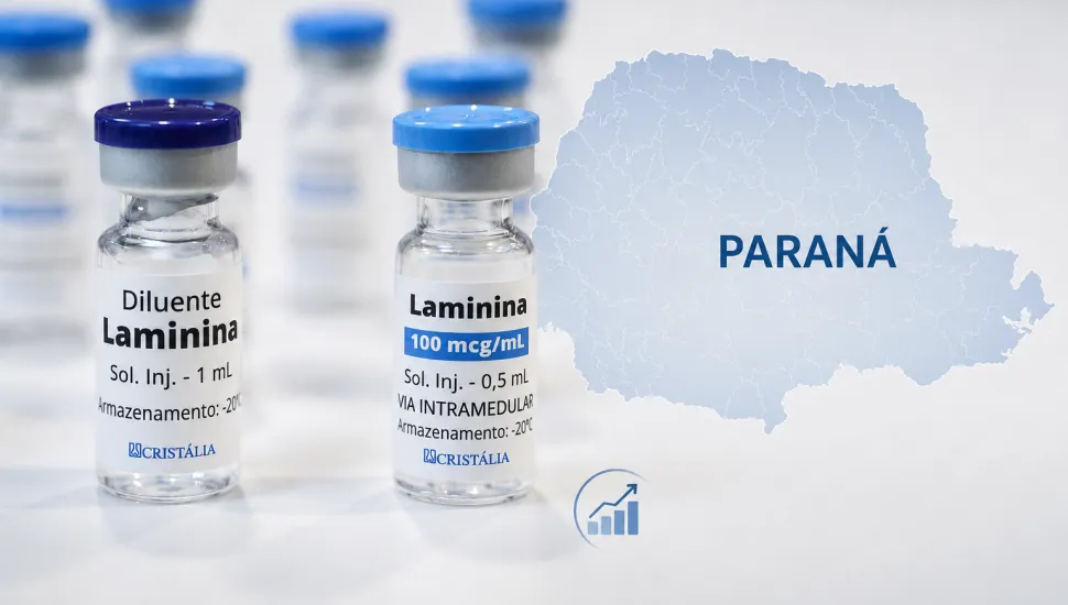 imagem mostra dois frascos do medicamento polilaminina e o contorno de um mapa do Paraná