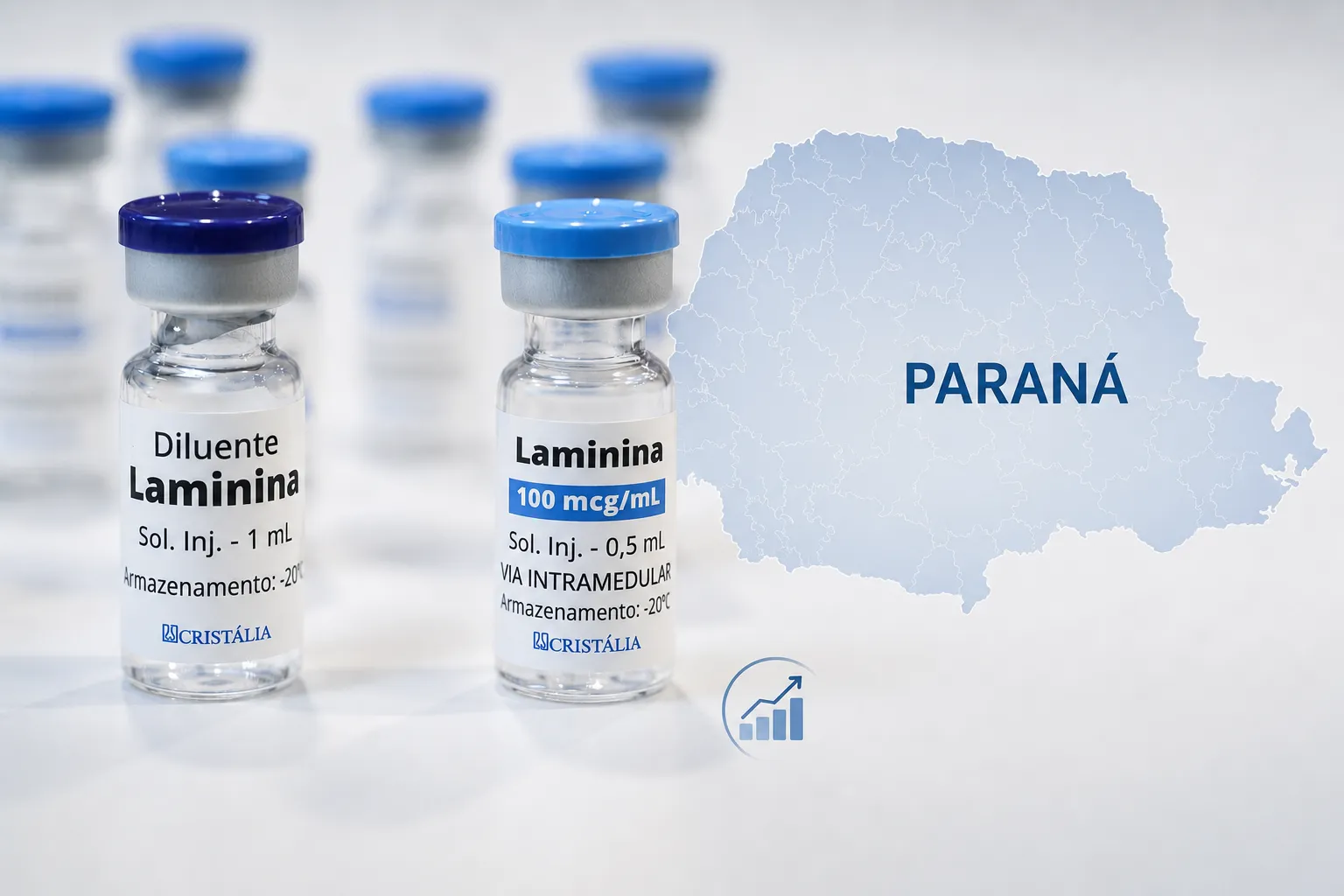 imagem mostra dois frascos do medicamento polilaminina e o contorno de um mapa do Paraná