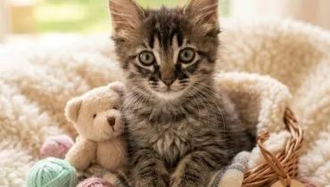 gato enrolado em cobertinha e com ursinho