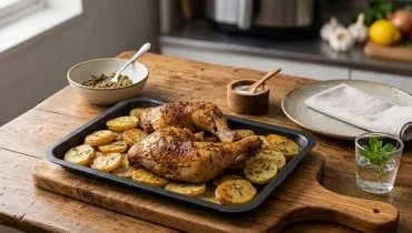 Imagem mostra frango assado na Air Fryer com batatas