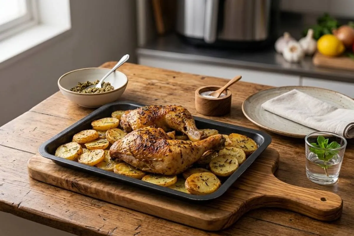 Imagem mostra frango assado na Air Fryer com batatas