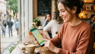 Imagem mostra uma mulher jogando caça palavras no celular em uma cafeteria