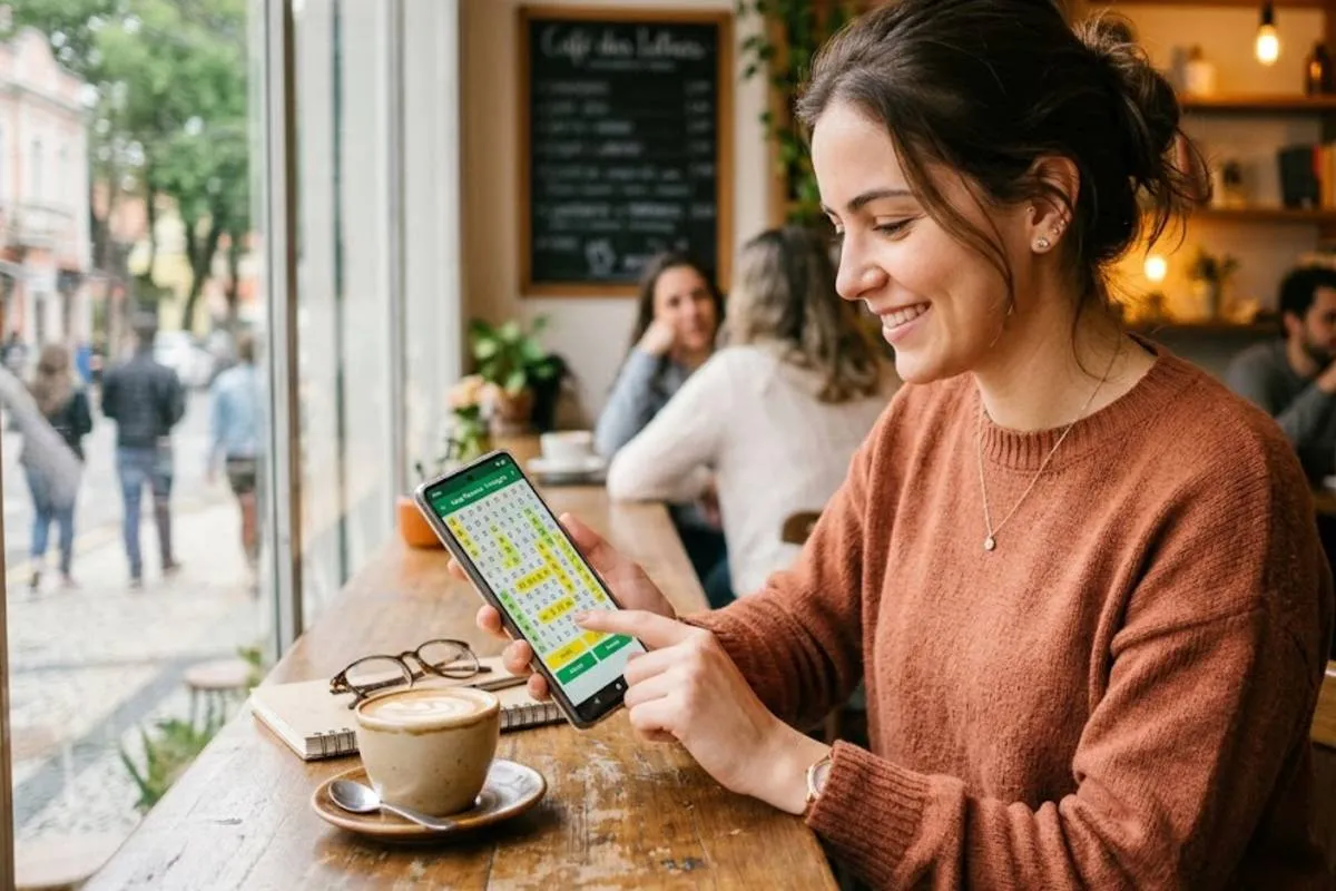 Imagem mostra uma mulher jogando caça palavras no celular em uma cafeteria