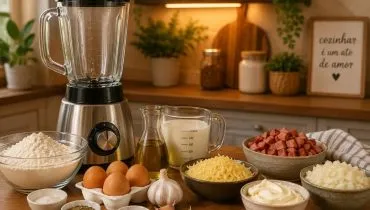 Liquidificador sobre uma bancada de madeira em uma cozinha aconchegante, cercado pelos ingredientes usados na torta de liquidificador, como ovos, leite, farinha de trigo, óleo, alho, calabresa, cebola, queijo ralado, requeijão e temperos.