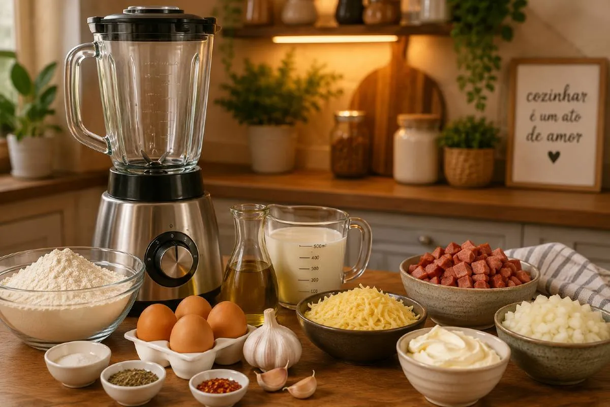 Liquidificador sobre uma bancada de madeira em uma cozinha aconchegante, cercado pelos ingredientes usados na torta de liquidificador, como ovos, leite, farinha de trigo, óleo, alho, calabresa, cebola, queijo ralado, requeijão e temperos.