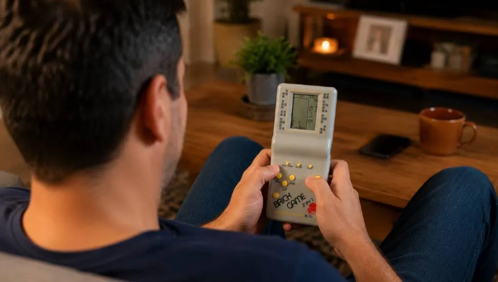 Imagem mostra um homem jogando em um brick game, famoso nos anos 90.