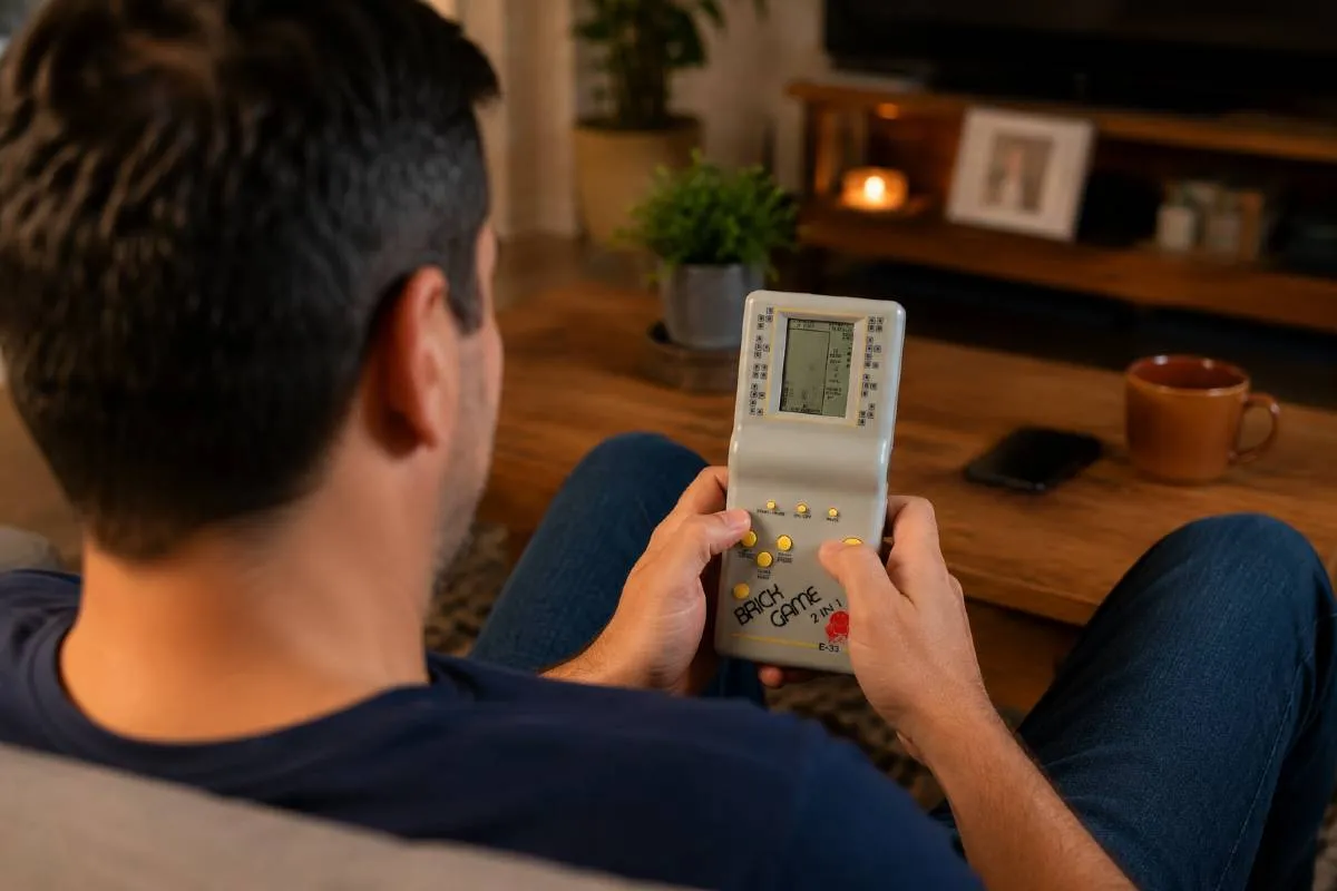 Imagem mostra um homem jogando em um brick game, famoso nos anos 90.