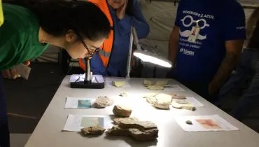 Pesquisadores observando fósseis e rochas dispostos sobre uma mesa de análise.