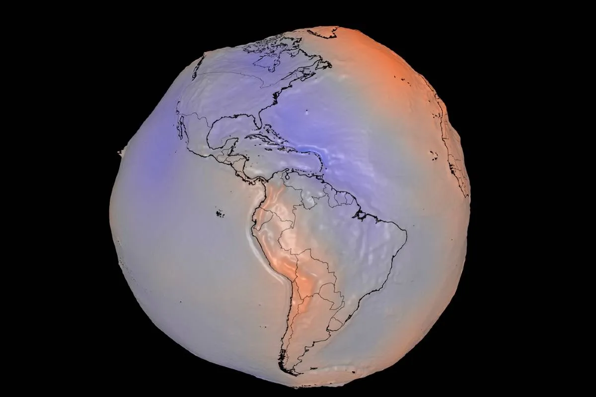 Imagem mostra uma projeção da Terra sem os oceanos, mostrando que a forma de um geoide.