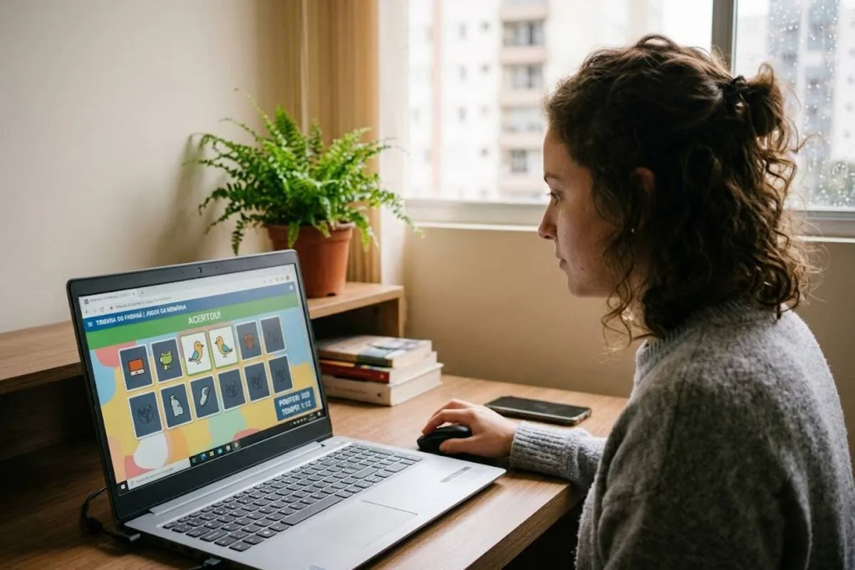 Imagem mostra uma mulher jogando o famoso jogo da memória no computador.