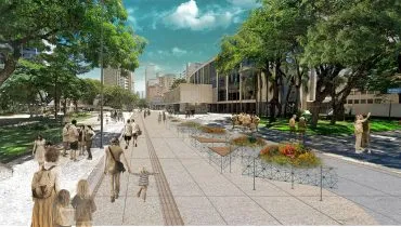 desenho faz uma projeção de como ficará o calçadão em frente ao Guaíra, com pessoas caminhando onde antes havia uma rua