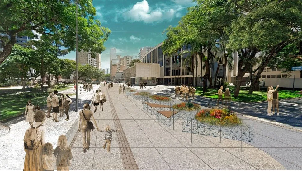 desenho faz uma projeção de como ficará o calçadão em frente ao Guaíra, com pessoas caminhando onde antes havia uma rua