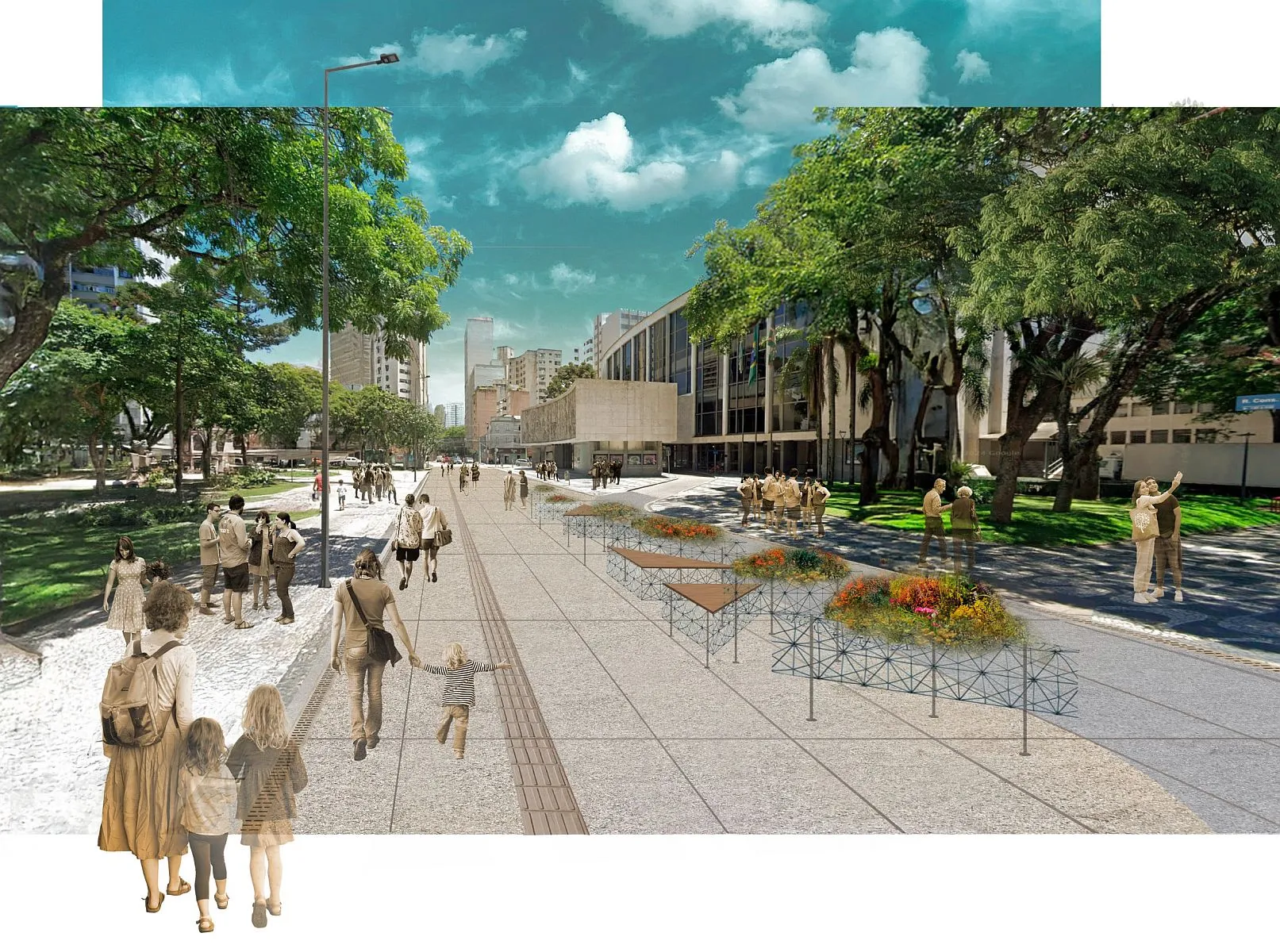 desenho faz uma projeção de como ficará o calçadão em frente ao Guaíra, com pessoas caminhando onde antes havia uma rua