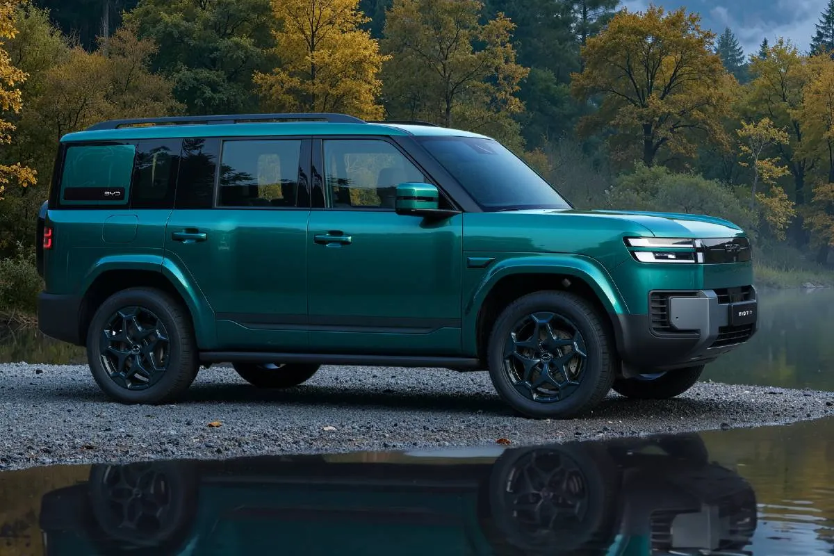 Imagem mostra a lateral do SUV BYD TI 7 na cor verde.