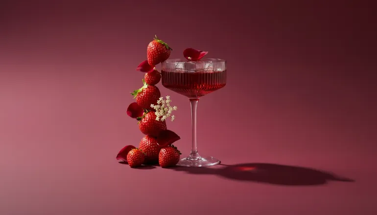 drink autoral de Curitiba / Taça de champagne com bebida rosé e morandos ao lado