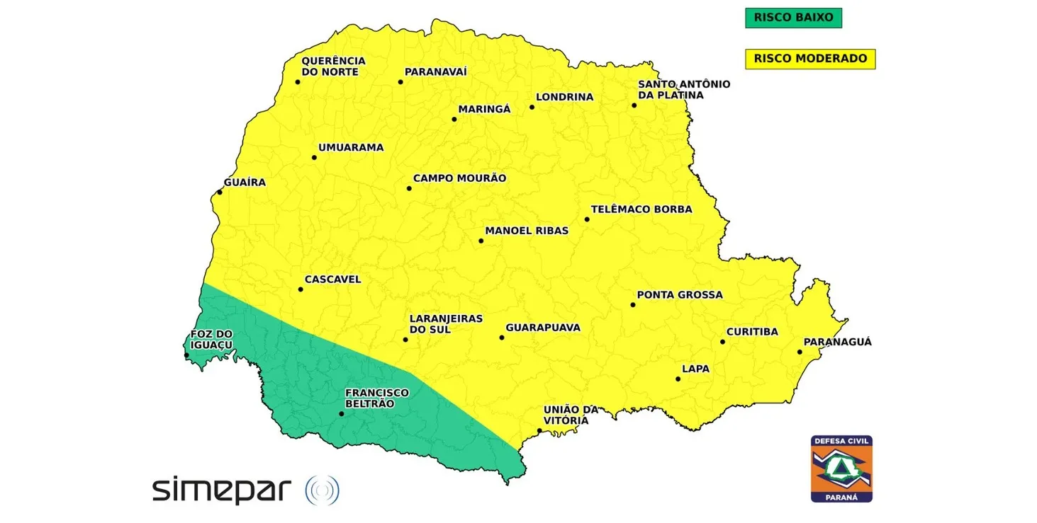 Simepar alerta para risco de temporais com ventos e chuva forte no Paraná neste domingo. Foto: Simepar
