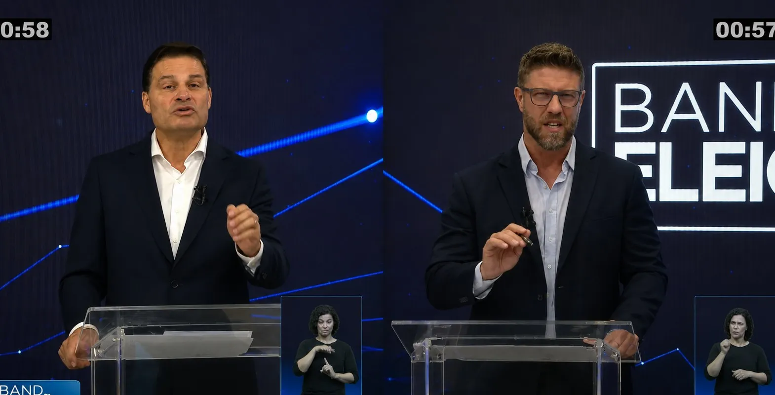 Sandro Alex (PSD) e Requião Filho (PDT) durante o debate realizado pela TV Bandeirante na noite deste domingo (9). Foto: Reprodução/Band