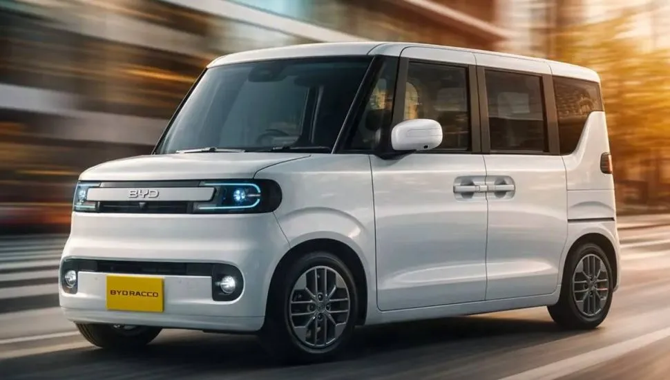 Imagem mostra a parte externa do novo BYD Racco na cor branca. O Key Car faz parte de um estilo de bastante sucesso no Japão.